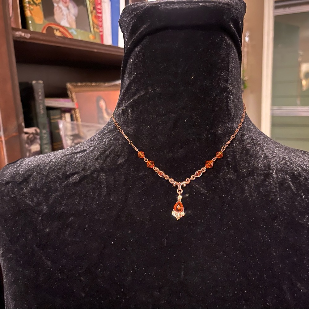 Edwardian Style Pendant Necklace by 1928 Red/Dark Amber & White Stones 16in, Adj